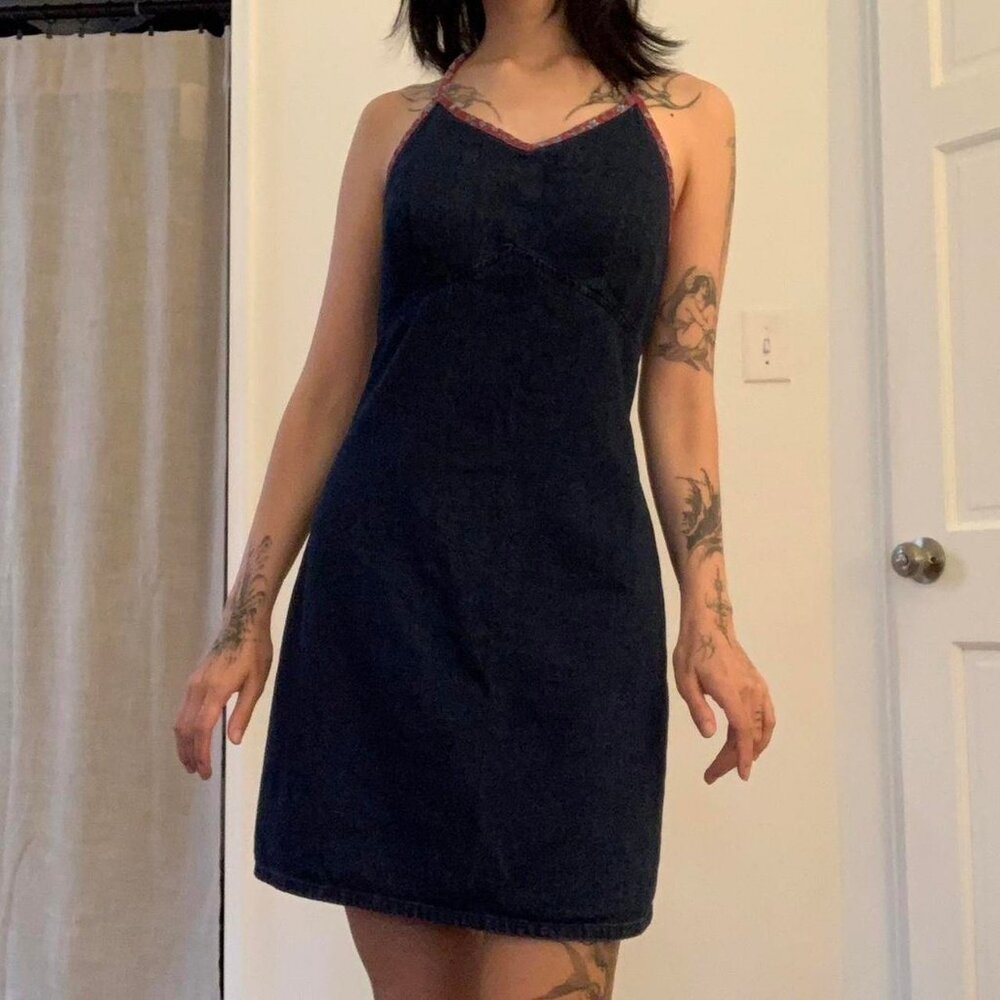 cute vintage navy blue denim / jean halter mini dress